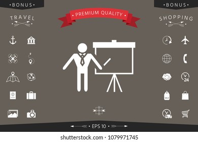 Presentation sign icon. Man standing with pointer near the flip chart. Blank empty billboard symbol
