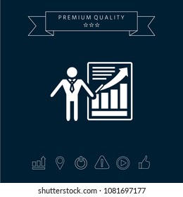 Presentation sign icon. Man standing with pointer near the infographic