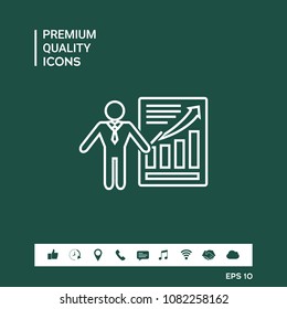Presentation sign icon. Man standing with pointer near the infographic. Line icon.