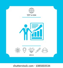 Presentation sign icon. Man standing with pointer near the infographic