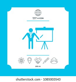 Presentation sign icon. Man standing with pointer near the flip chart. Blank empty billboard symbol