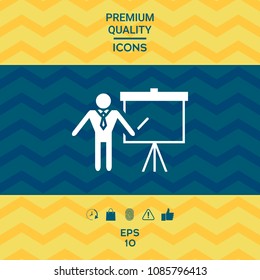 Presentation sign icon. Man standing with pointer near the flip chart. Blank empty billboard symbol
