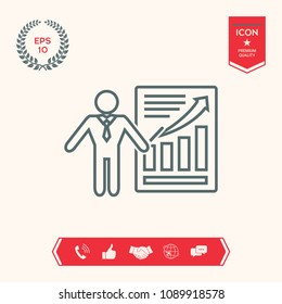Presentation sign icon. Man standing with pointer near the infographic. Line icon.
