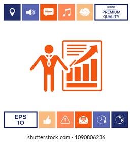 Presentation sign icon. Man standing with pointer near the infographic
