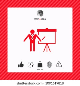 Presentation sign icon. Man standing with pointer near the flip chart. Blank empty billboard symbol