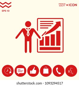 Presentation sign icon. Man standing with pointer near the infographic