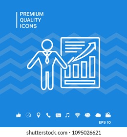 Presentation sign icon. Man standing with pointer near the infographic. Line icon.