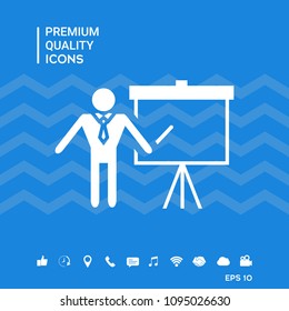 Presentation sign icon. Man standing with pointer near the flip chart. Blank empty billboard symbol