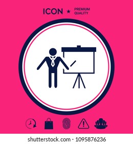 Presentation sign icon. Man standing with pointer near the flip chart. Blank empty billboard symbol