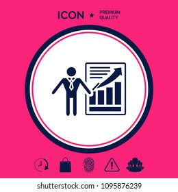 Presentation sign icon. Man standing with pointer near the infographic