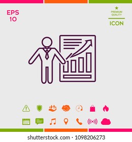 Presentation sign icon. Man standing with pointer near the infographic. Line icon.