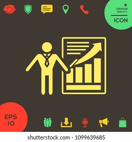 Presentation sign icon. Man standing with pointer near the infographic