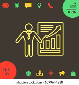 Presentation sign icon. Man standing with pointer near the infographic. Line icon.