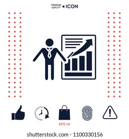 Presentation sign icon. Man standing with pointer near the infographic