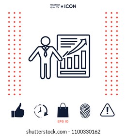Presentation sign icon. Man standing with pointer near the infographic. Line icon.