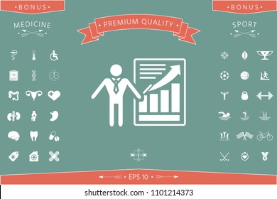 Presentation sign icon. Man standing with pointer near the infographic