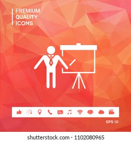 Presentation sign icon. Man standing with pointer near the flip chart. Blank empty billboard symbol