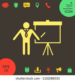 Presentation sign icon. Man standing with pointer near the flip chart. Blank empty billboard symbol