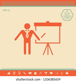 Presentation sign icon. Man standing with pointer near the flip chart. Blank empty billboard symbol