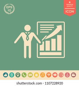 Presentation sign icon. Man standing with pointer near the infographic