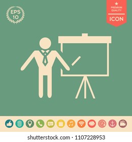 Presentation sign icon. Man standing with pointer near the flip chart. Blank empty billboard symbol