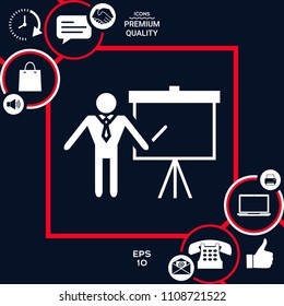Presentation sign icon. Man standing with pointer near the flip chart. Blank empty billboard symbol