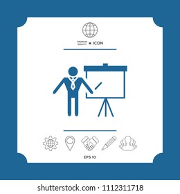 Presentation sign icon. Man standing with pointer near the flip chart. Blank empty billboard symbol