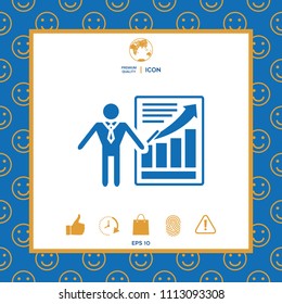 Presentation sign icon. Man standing with pointer near the infographic