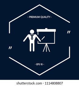 Presentation sign icon. Man standing with pointer near the flip chart. Blank empty billboard symbol