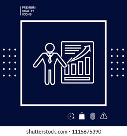 Presentation sign icon. Man standing with pointer near the infographic. Line icon.