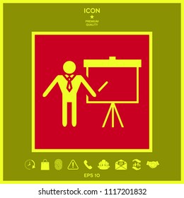 Presentation sign icon. Man standing with pointer near the flip chart. Blank empty billboard symbol