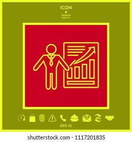 Presentation sign icon. Man standing with pointer near the infographic. Line icon.
