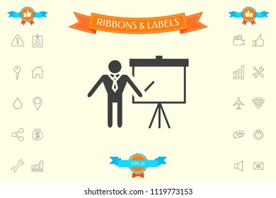 Presentation sign icon. Man standing with pointer near the flip chart. Blank empty billboard symbol