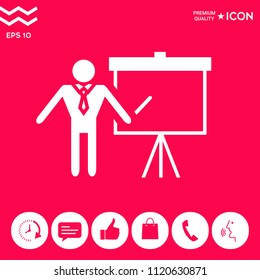 Presentation sign icon. Man standing with pointer near the flip chart. Blank empty billboard symbol