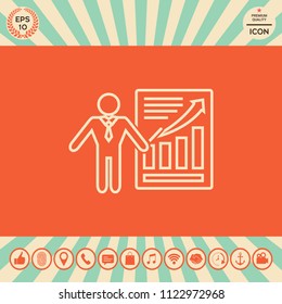 Presentation sign icon. Man standing with pointer near the infographic. Line icon.