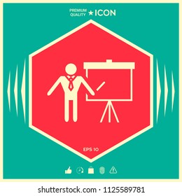 Presentation sign icon. Man standing with pointer near the flip chart. Blank empty billboard symbol