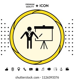 Presentation sign icon. Man standing with pointer near the flip chart. Blank empty billboard symbol