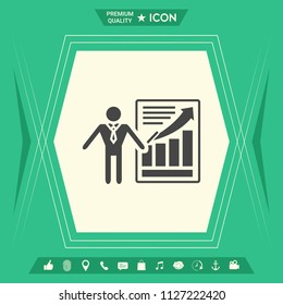 Presentation sign icon. Man standing with pointer near the infographic