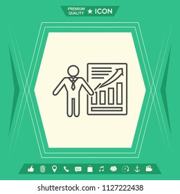 Presentation sign icon. Man standing with pointer near the infographic. Line icon.