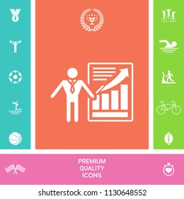 Presentation sign icon. Man standing with pointer near the infographic