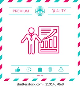 Presentation sign icon. Man standing with pointer near the infographic. Line icon.
