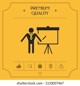 Presentation sign icon. Man standing with pointer near the flip chart. Blank empty billboard symbol