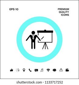 Presentation sign icon. Man standing with pointer near the flip chart. Blank empty billboard symbol