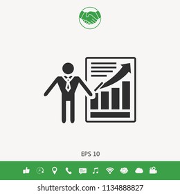 Presentation sign icon. Man standing with pointer near the infographic