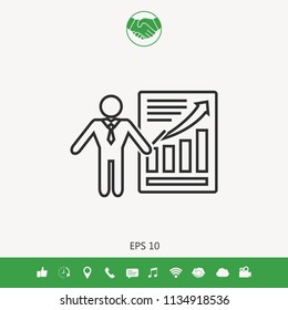 Presentation sign icon. Man standing with pointer near the infographic. Line icon.
