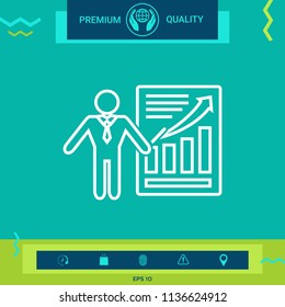 Presentation sign icon. Man standing with pointer near the infographic. Line icon.