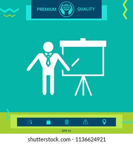 Presentation sign icon. Man standing with pointer near the flip chart. Blank empty billboard symbol