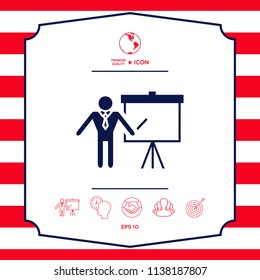 Presentation sign icon. Man standing with pointer near the flip chart. Blank empty billboard symbol