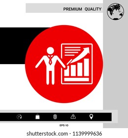 Presentation sign icon. Man standing with pointer near the infographic