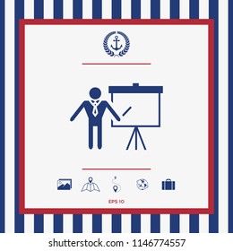 Presentation sign icon. Man standing with pointer near the flip chart. Blank empty billboard symbol